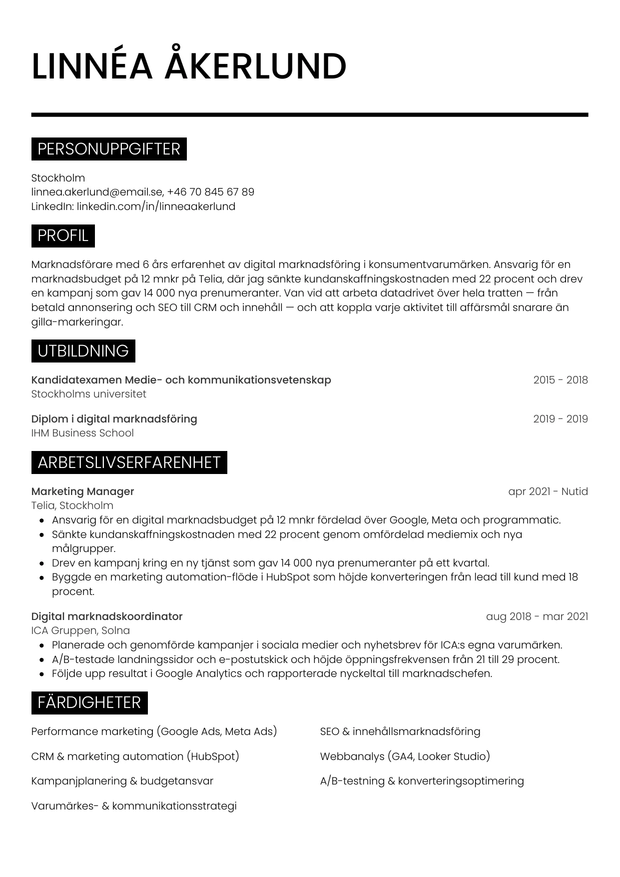 CV-mall Metro — gratis CV-mall för din ansökan