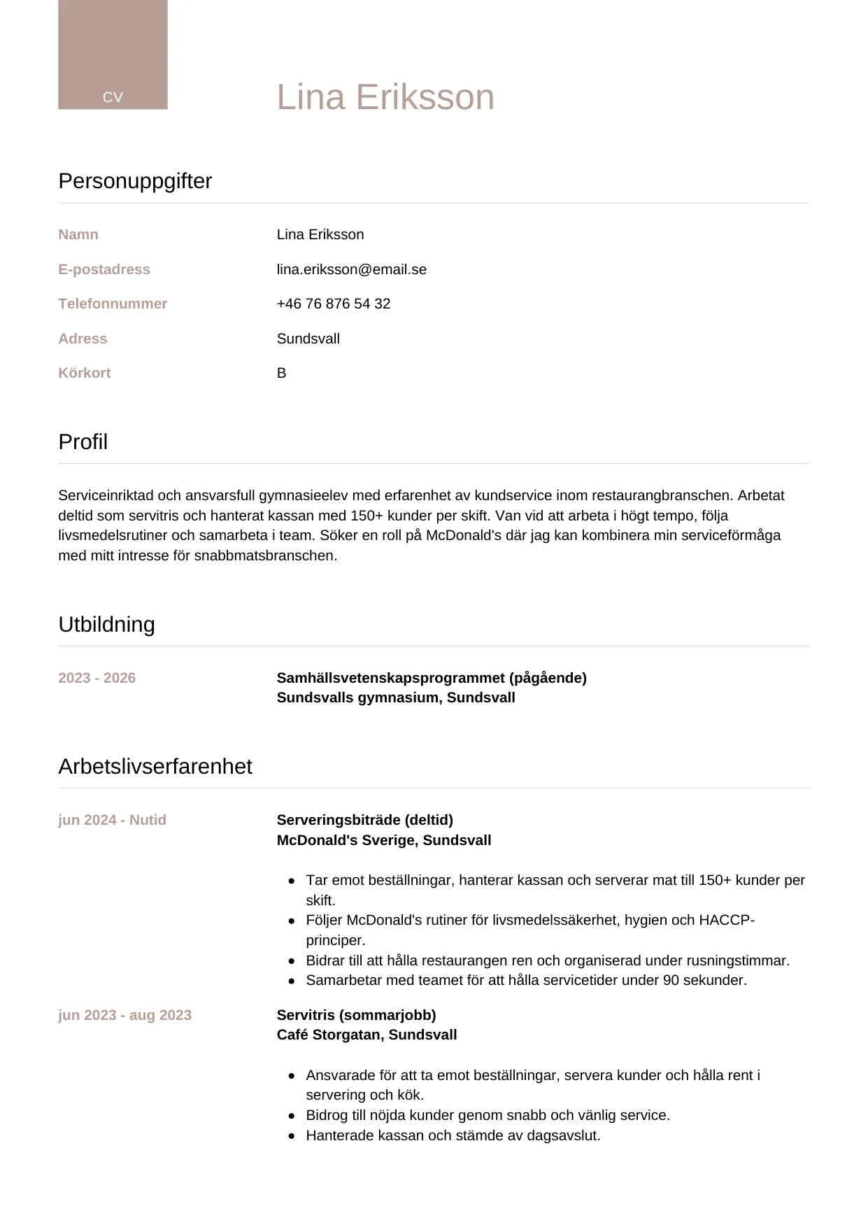 CV-mall Lyxig — gratis CV-mall för din ansökan