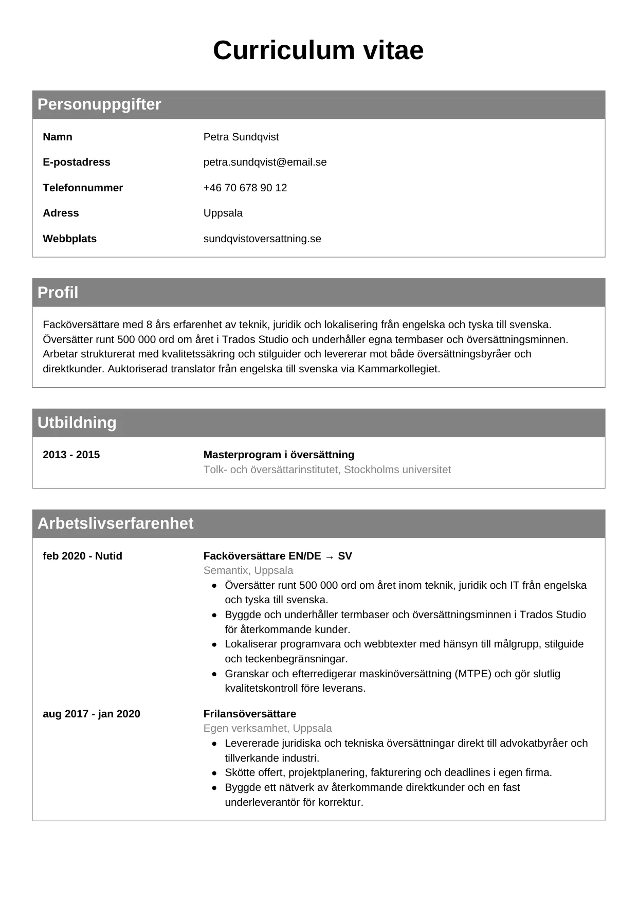 CV-mall Klassisk — gratis CV-mall för din ansökan