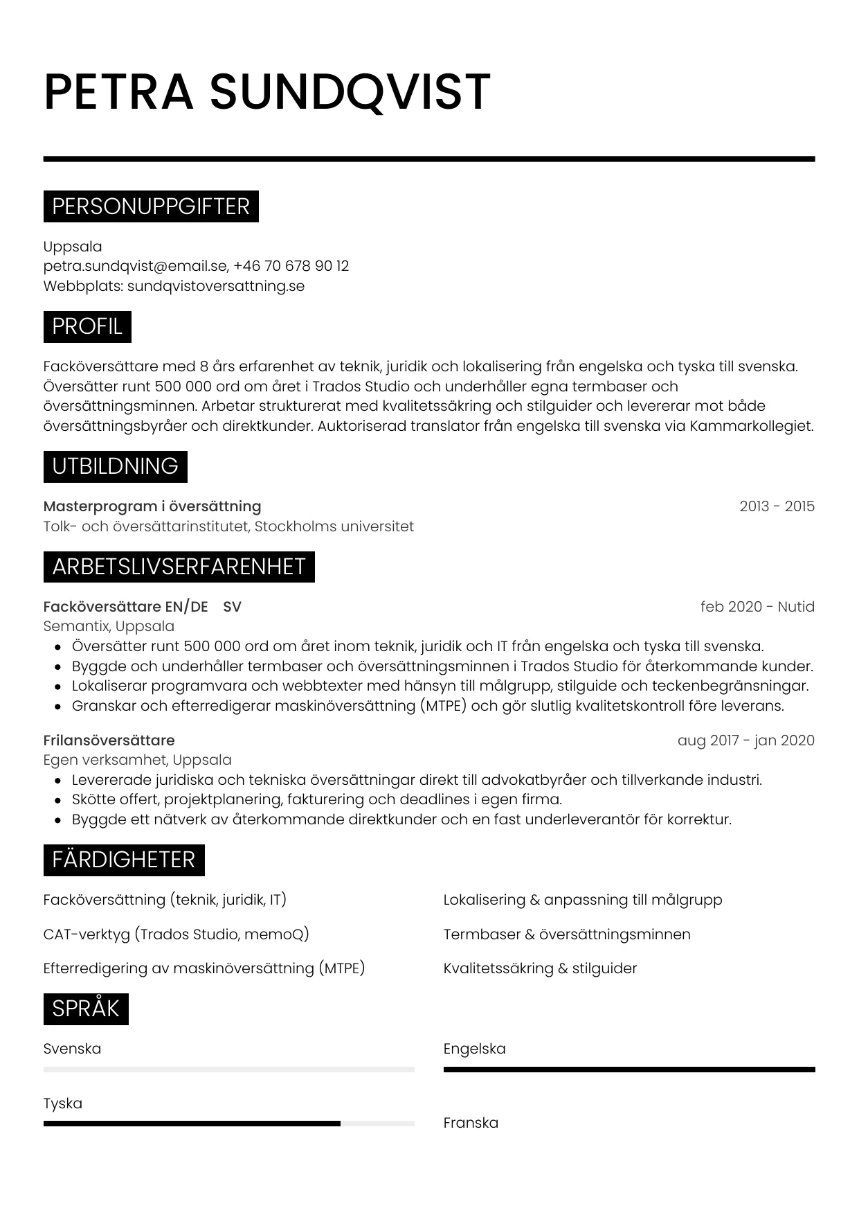 CV-mall Metro — gratis CV-mall för din ansökan