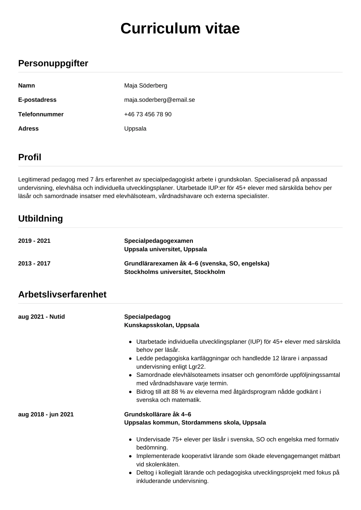 CV-mall Enkel, gratis CV-mall för din ansökan