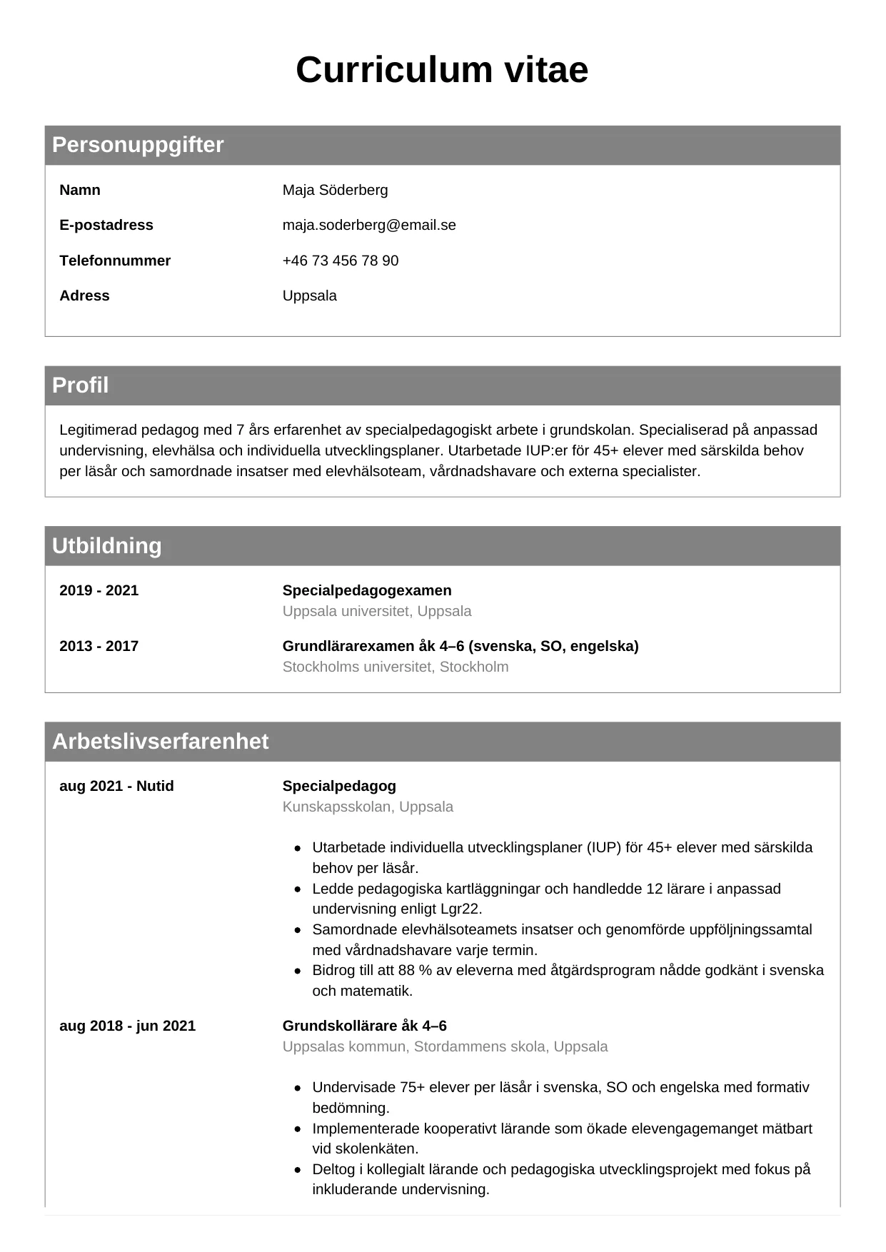 CV-mall Klassisk, gratis CV-mall för din ansökan