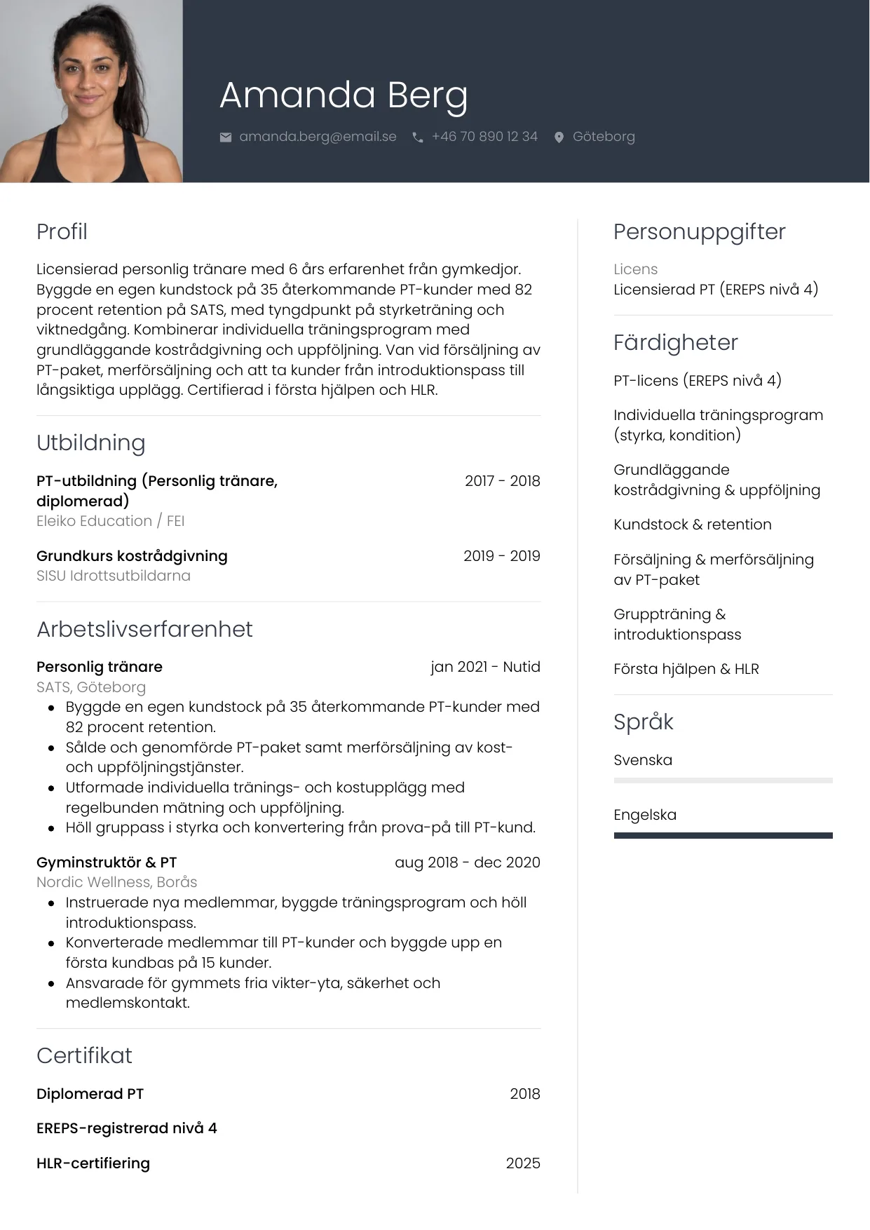 CV-exempel Personlig tränare med foto