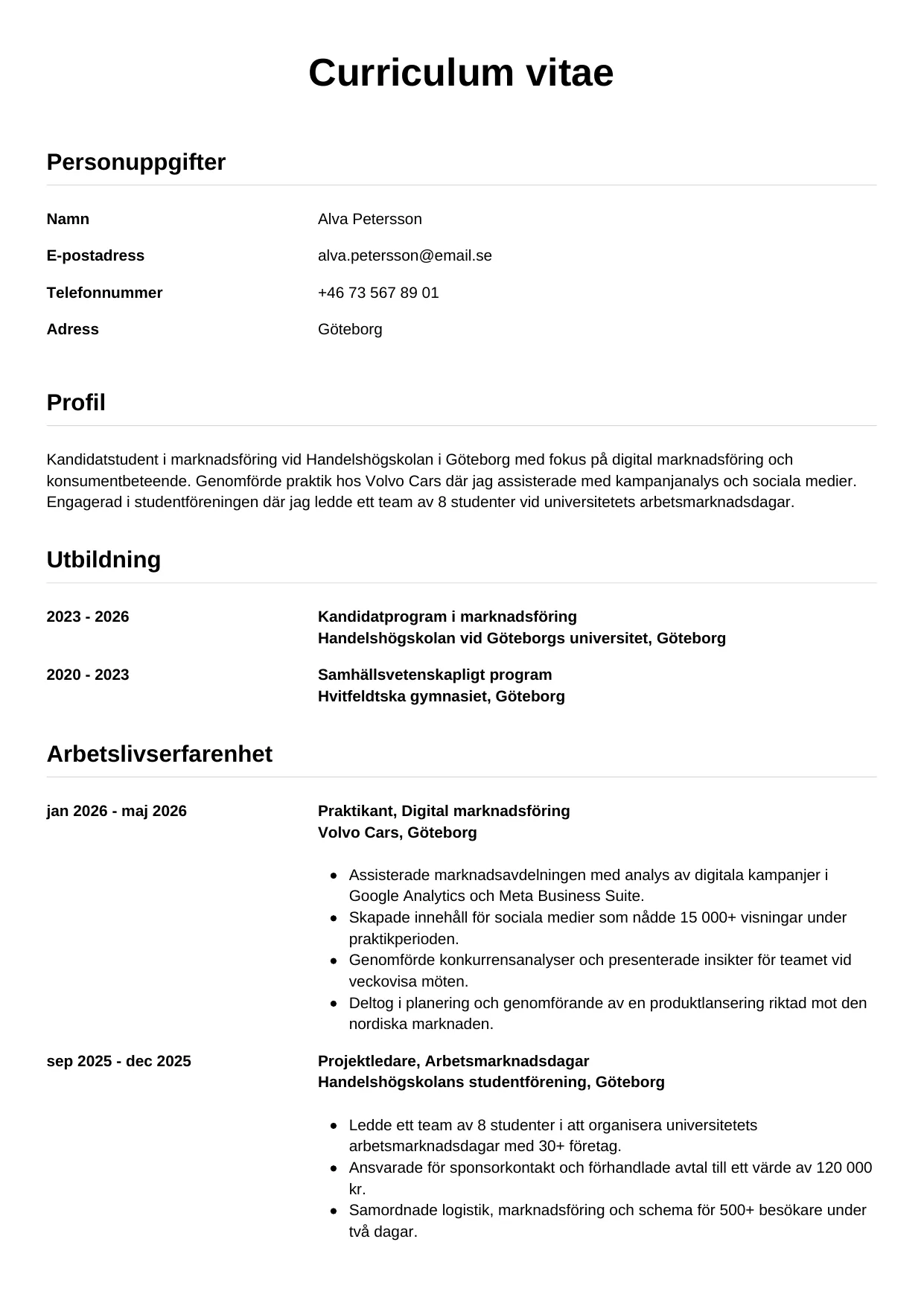 CV-mall Enkel, gratis CV-mall för din ansökan