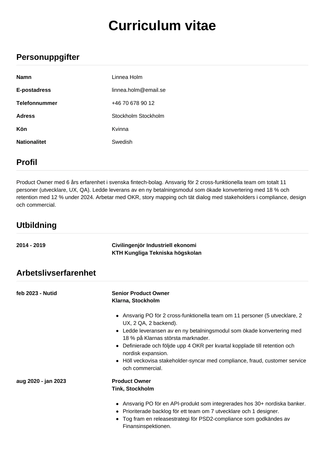 CV-mall Enkel — gratis CV-mall för din ansökan