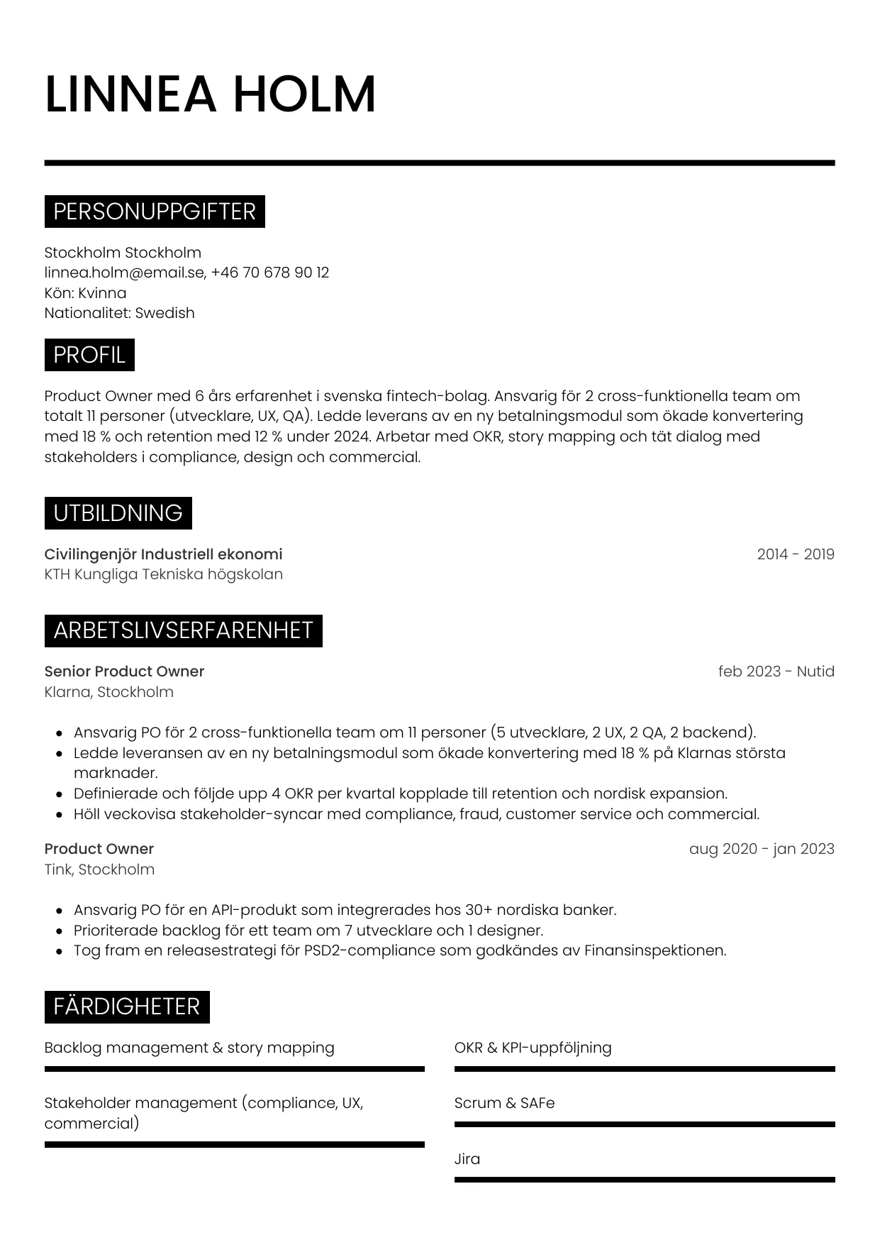 CV-mall metro för product-owner