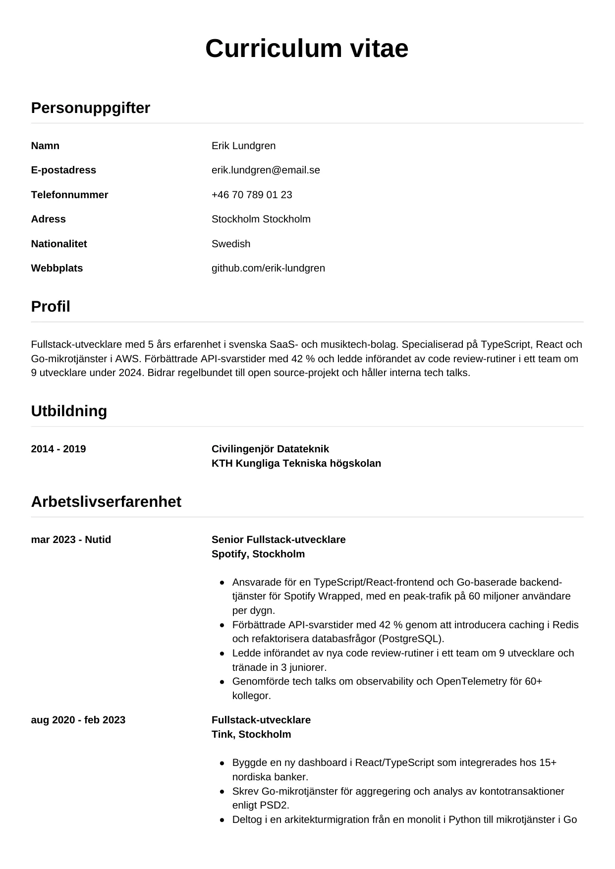 CV-mall Enkel — gratis CV-mall för din ansökan