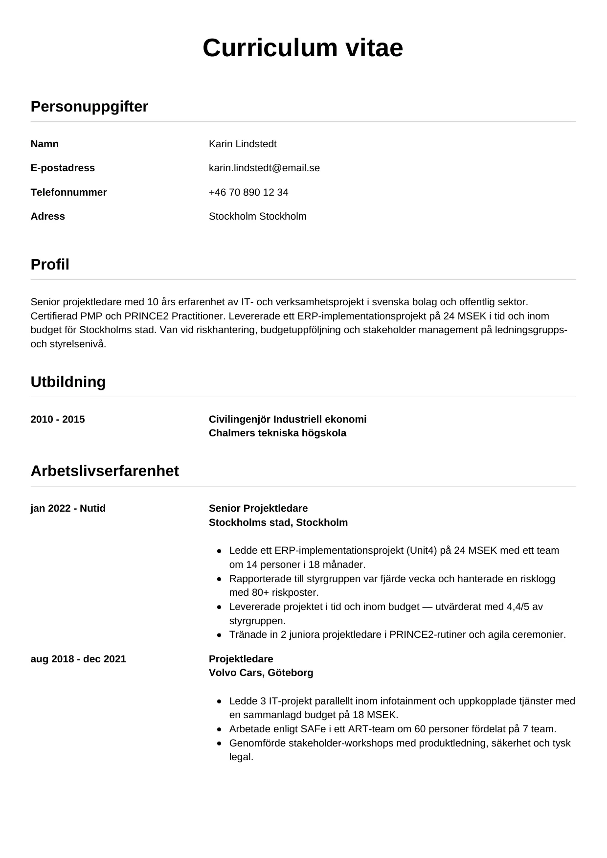 CV-mall utan foto — enkel och professionell