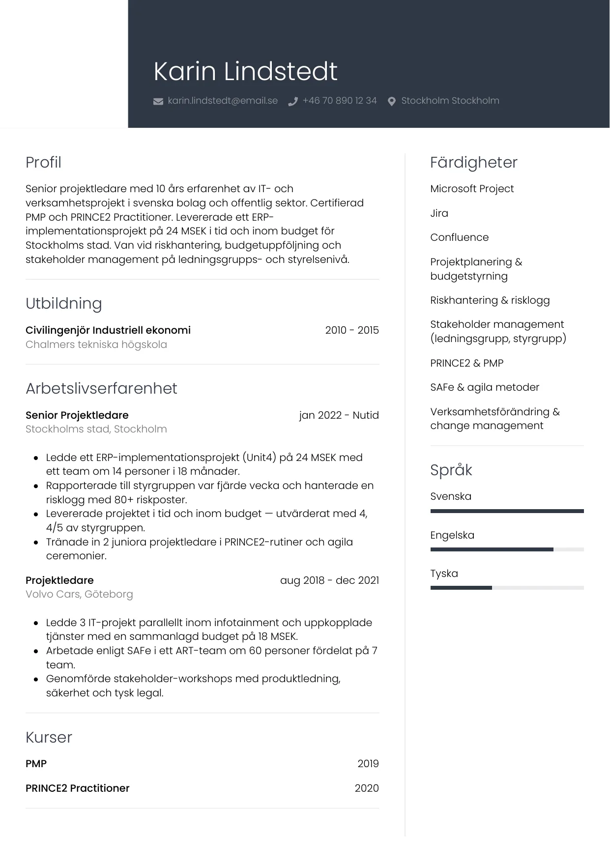 CV-mall professionell för projektledare