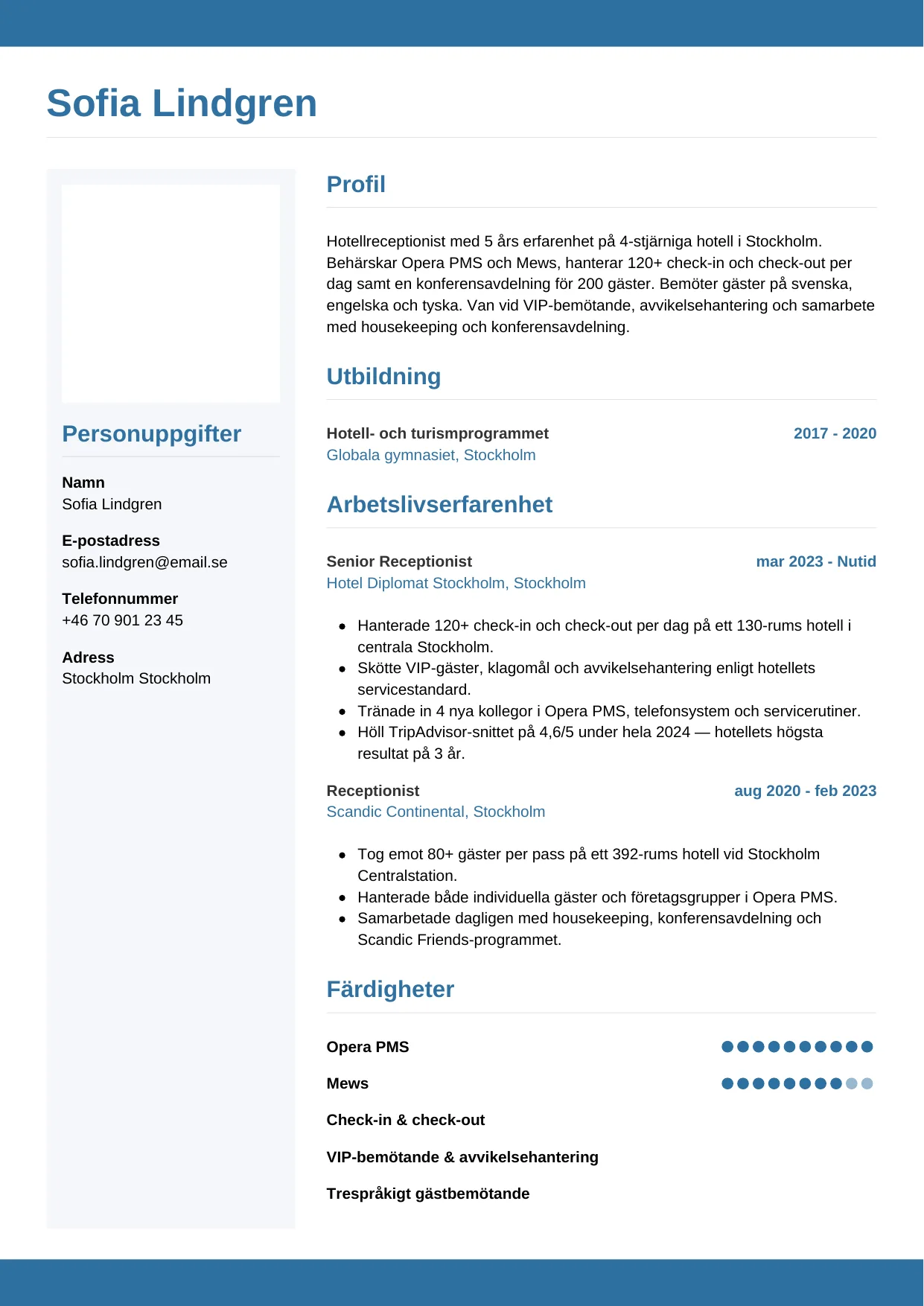 CV-mall horisontell för receptionist