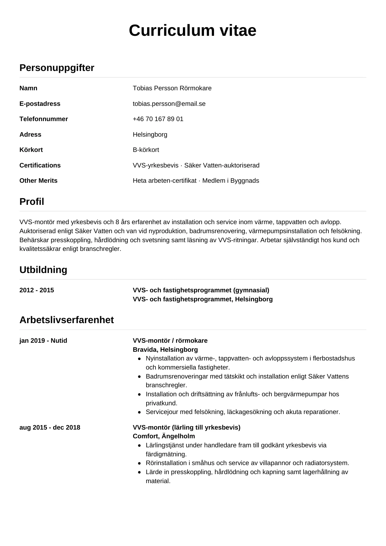 CV-mall Enkel — gratis CV-mall för din ansökan