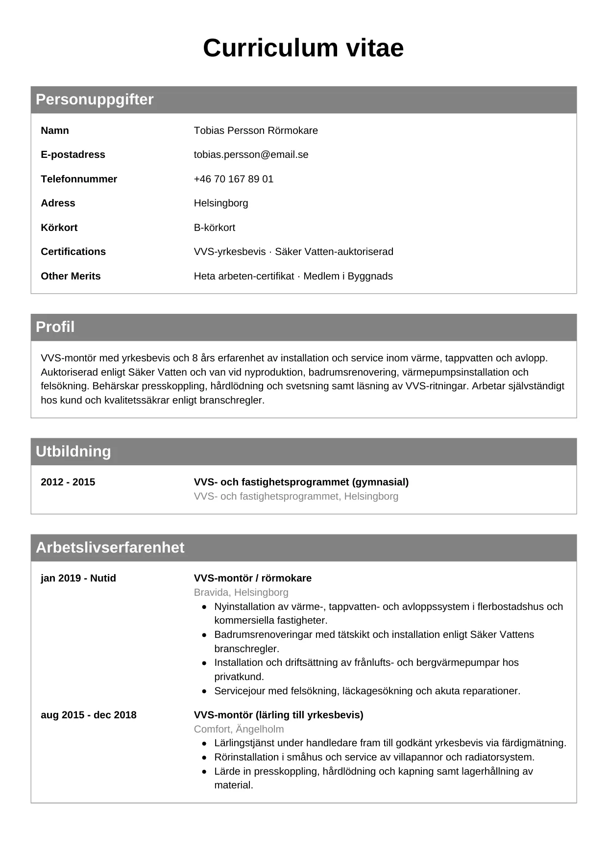 CV-mall Klassisk — gratis CV-mall för din ansökan