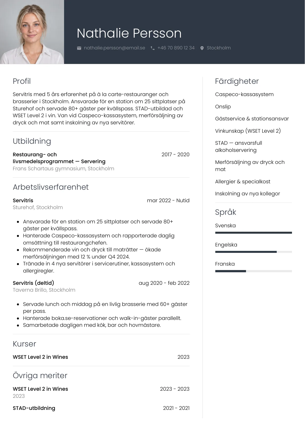 CV-exempel Servitris med foto