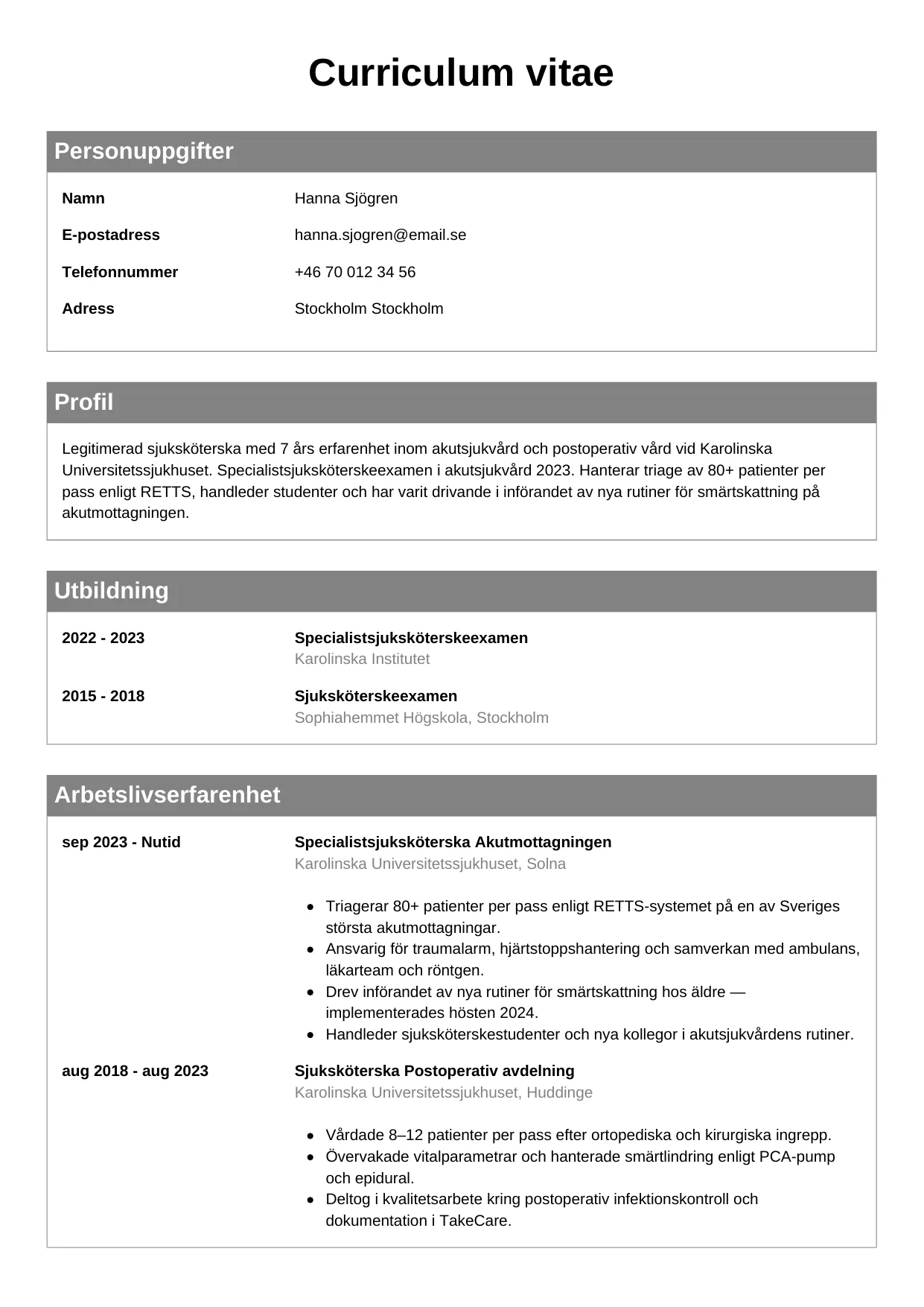 CV-mall klassisk för sjukskoterska