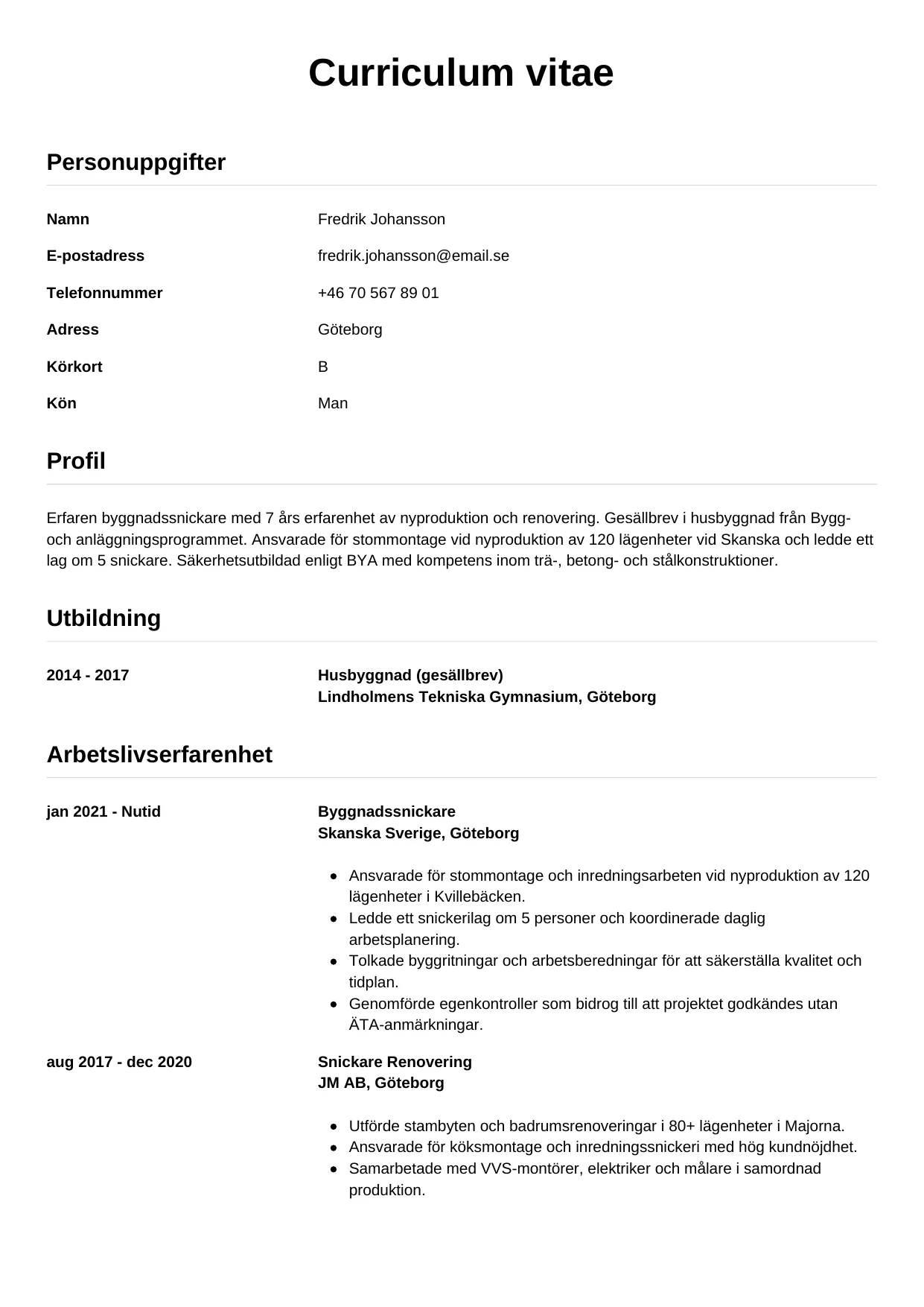 CV-mall Enkel — gratis CV-mall för din ansökan