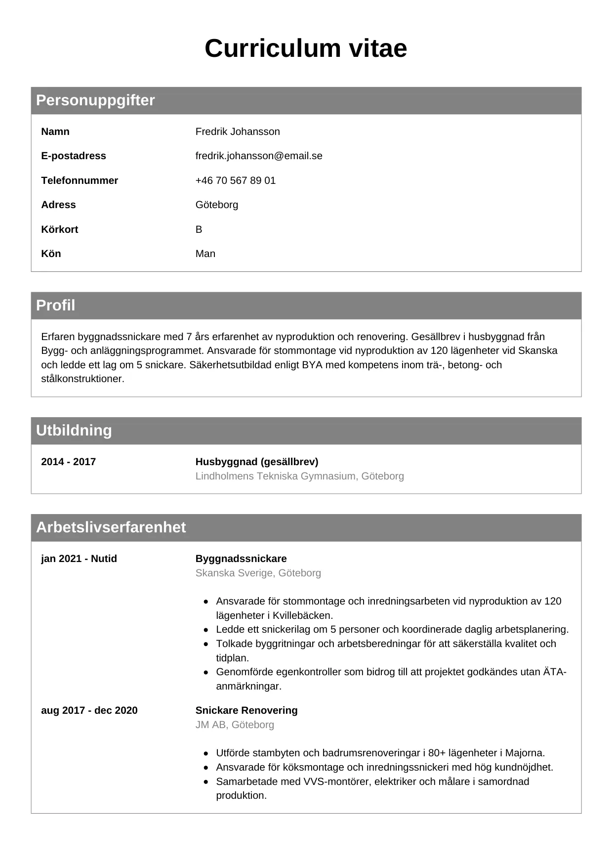 CV-mall Klassisk — gratis CV-mall för din ansökan