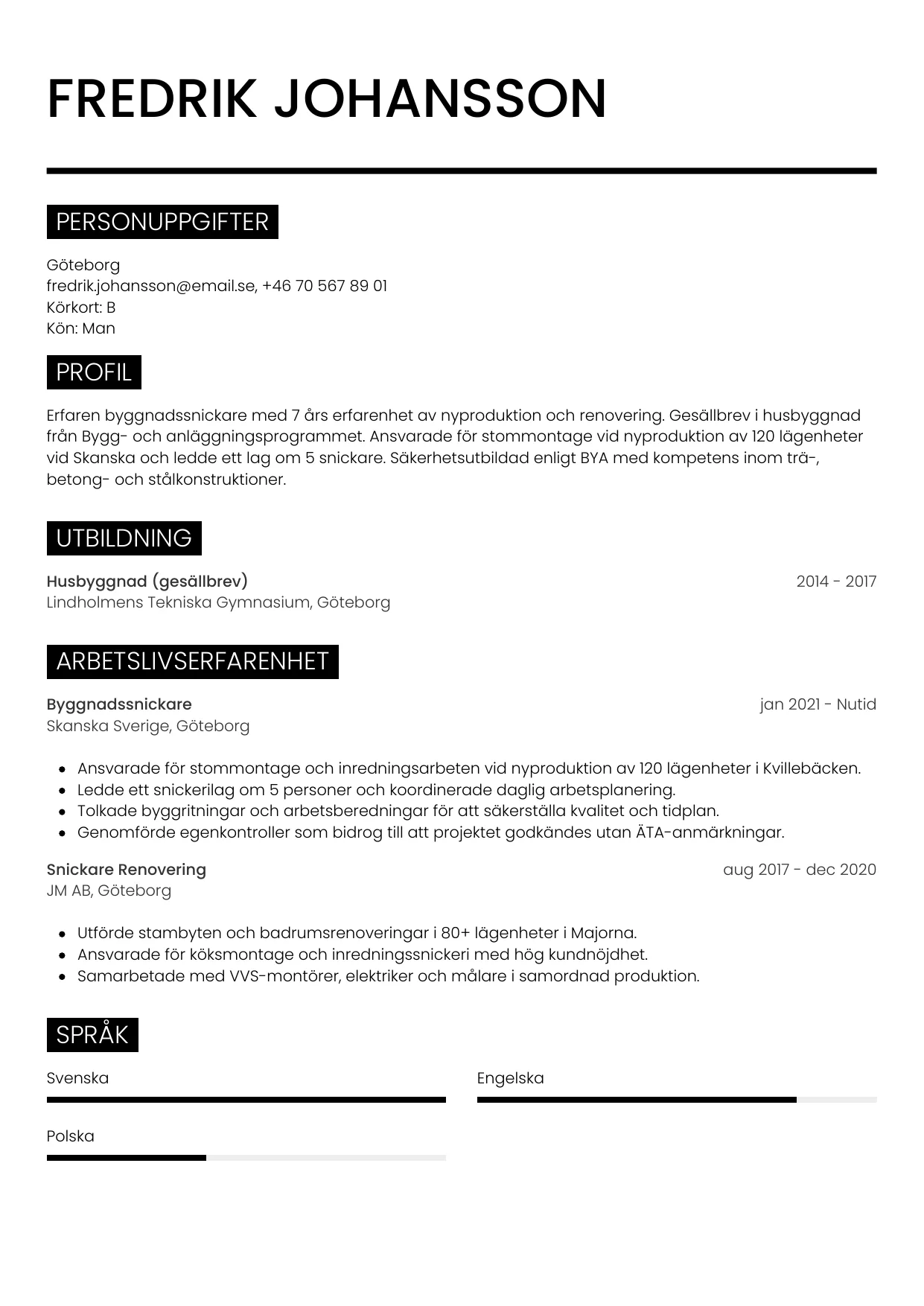 CV-mall Metro — gratis CV-mall för din ansökan