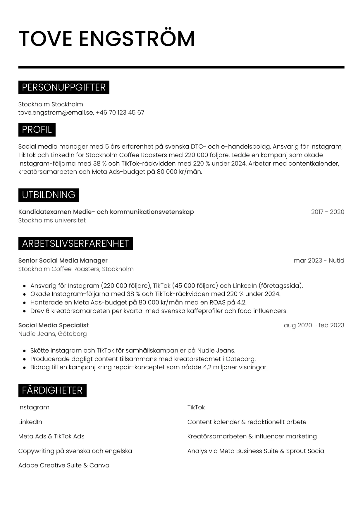 CV-mall Metro — gratis CV-mall för din ansökan
