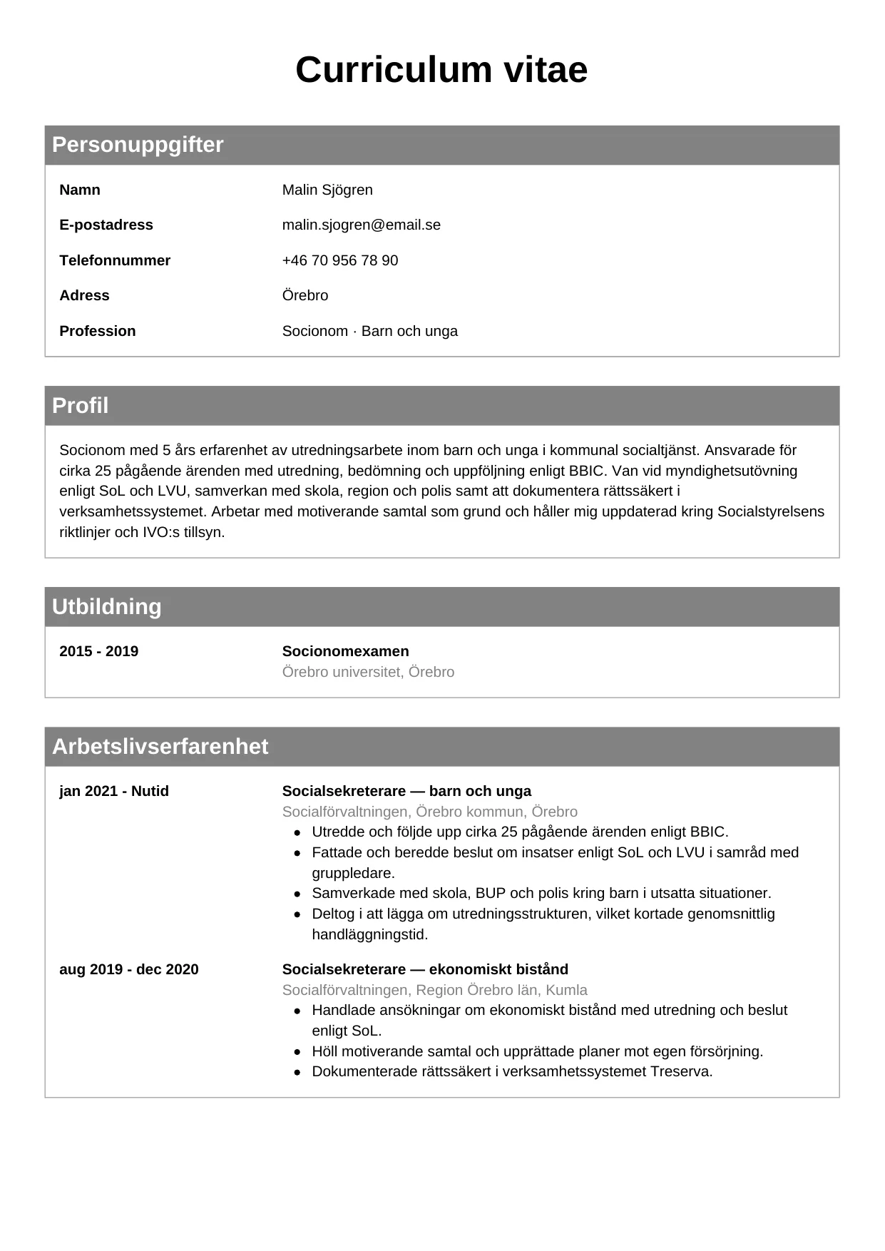 CV-mall Klassisk — gratis CV-mall för din ansökan