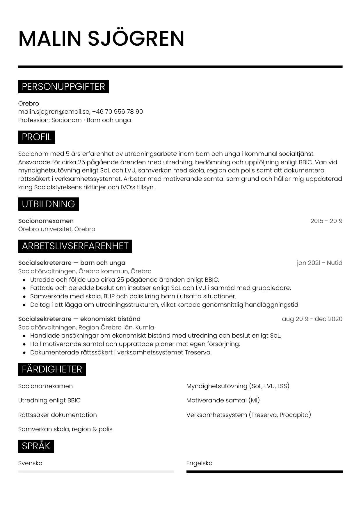 CV-mall Metro — gratis CV-mall för din ansökan