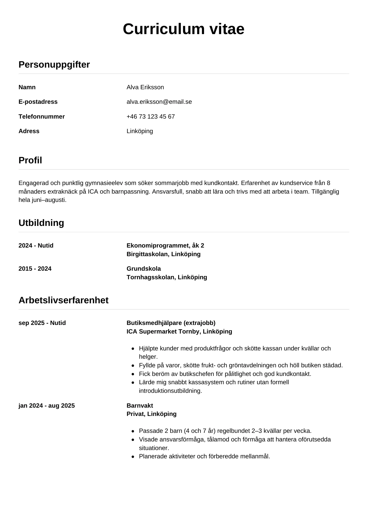 CV-mall Enkel — gratis CV-mall för din ansökan