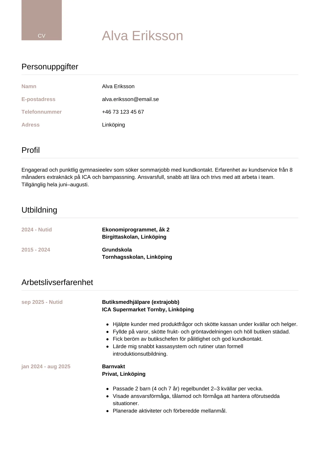 CV-mall Lyxig — gratis CV-mall för din ansökan