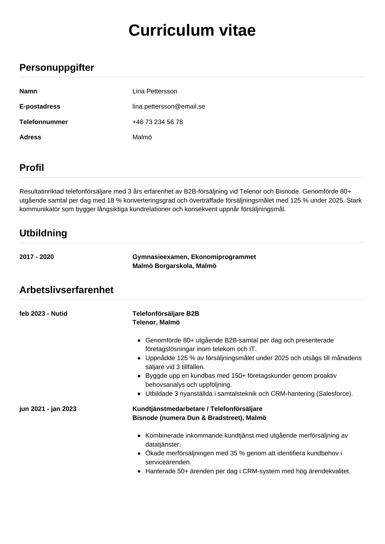 CV-mall Enkel — gratis CV-mall för din ansökan