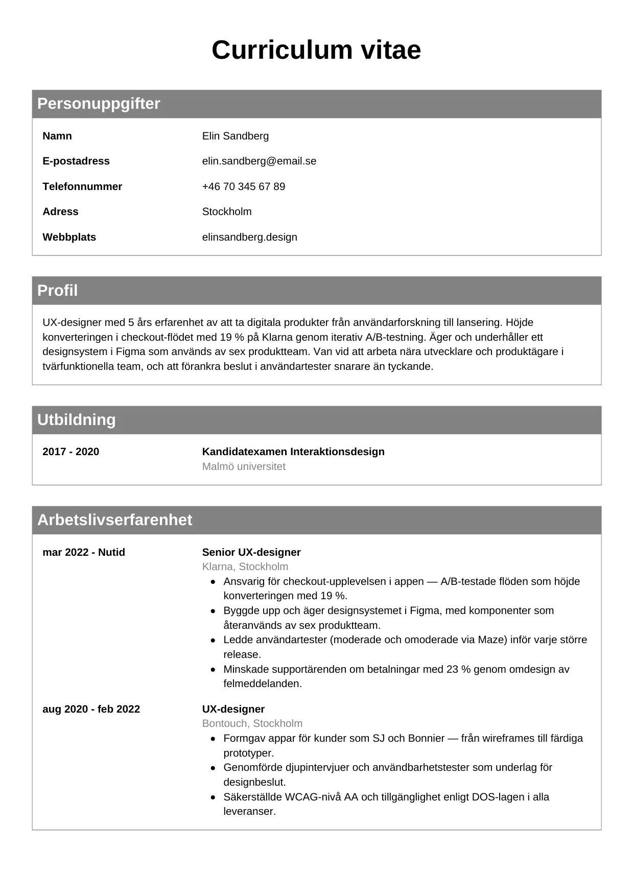 CV-mall Klassisk — gratis CV-mall för din ansökan