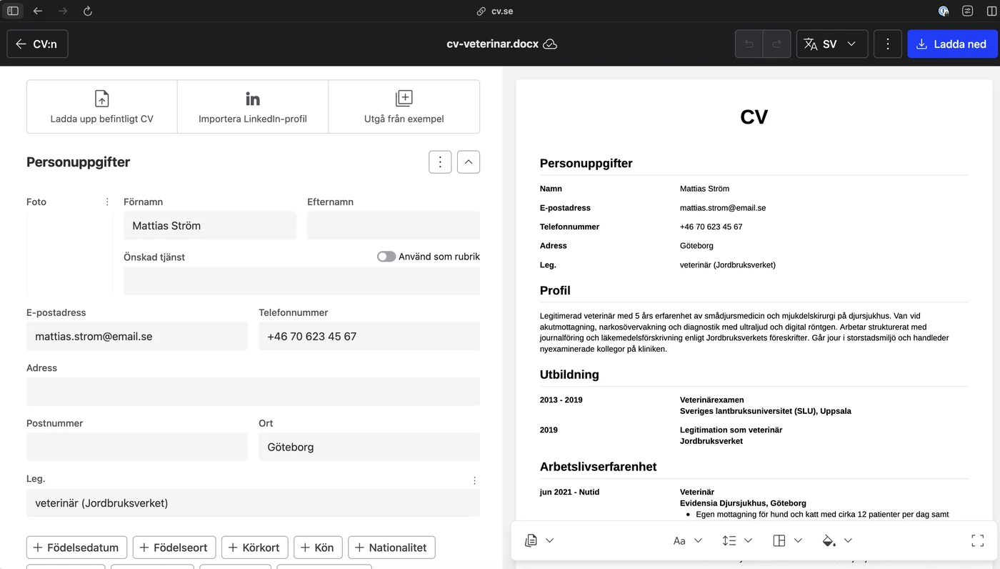 CV-byggaren på cv.se: formulär till vänster och live-förhandsvisning till höger