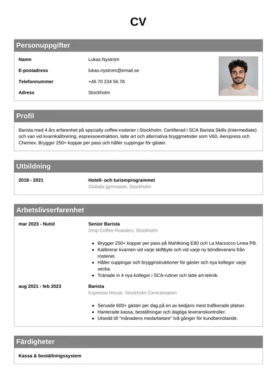 CV-exempel Barista med foto