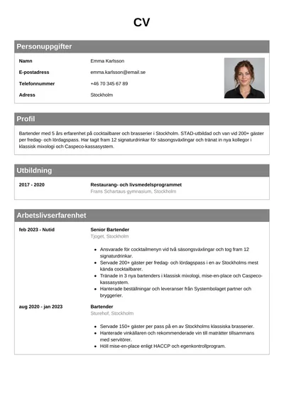 CV-exempel Bartender med foto