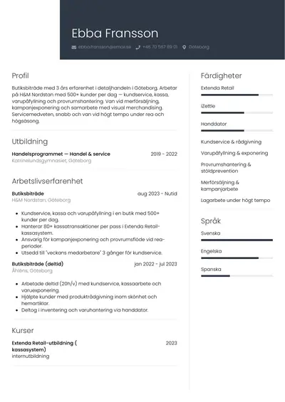 CV-exempel Butiksbiträde