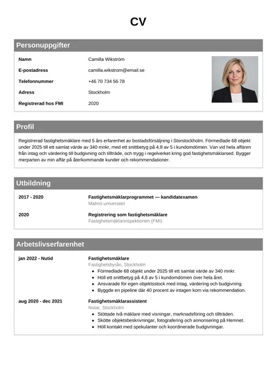 CV-exempel Fastighetsmäklare med foto