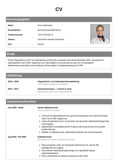CV-exempel Flygvärdinna med foto