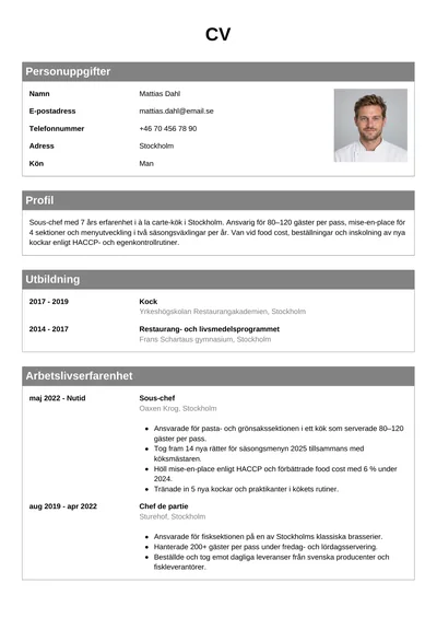 CV-exempel Kock med foto