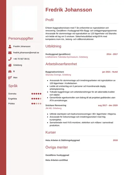 CV-exempel Snickare