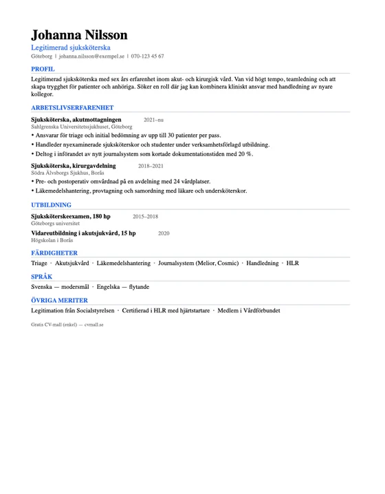 Gratis CV-mall Enkel med färdig exempeltext (Word)