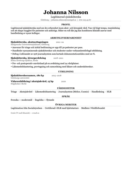 Gratis CV-mall Klassisk med färdig exempeltext (Word)