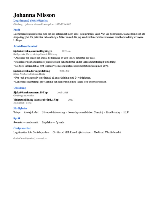 Gratis CV-mall Modern med färdig exempeltext (Word)