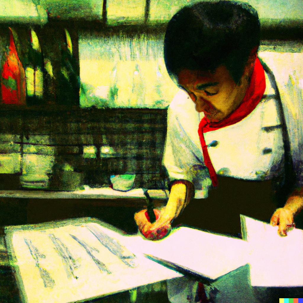 servitör skriver ett ansökningsbrev i ett restaurangkök