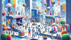 En lekfull och fantasifull framtidens arbetsmarknad där AI och människor arbetar tillsammans i en livlig och färgstark högteknologisk stad.