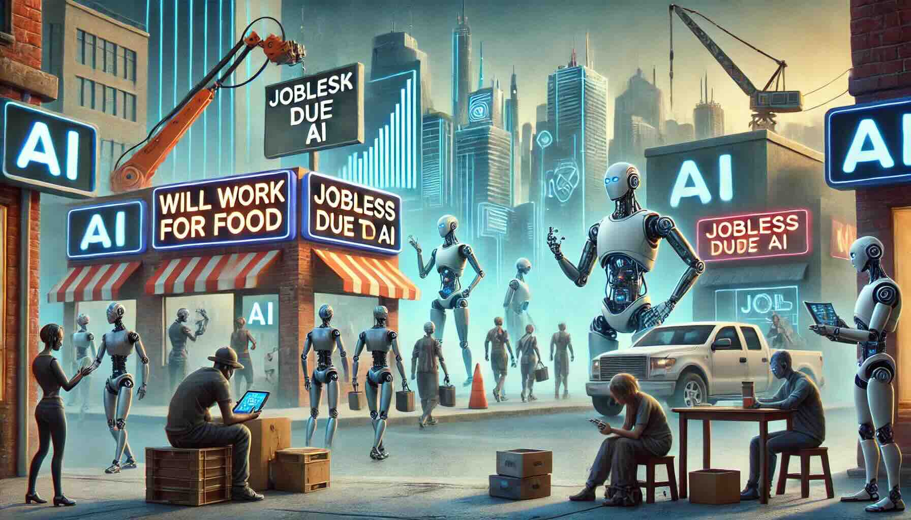 Robotar och AI-maskiner ersätter mänskliga arbetare i en futuristisk stad, vilket leder till arbetslöshet
